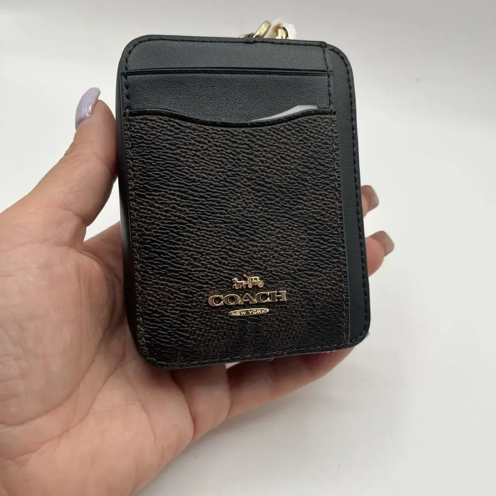 NWT Coach CW883 Zip Card Case In Signature Canvas In Walnut black